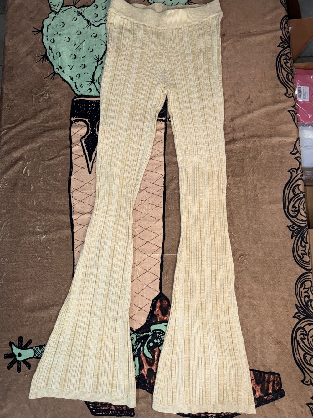 NWOT POL Beige Ribbed Knit Pants With Flare/ Wide Leg.